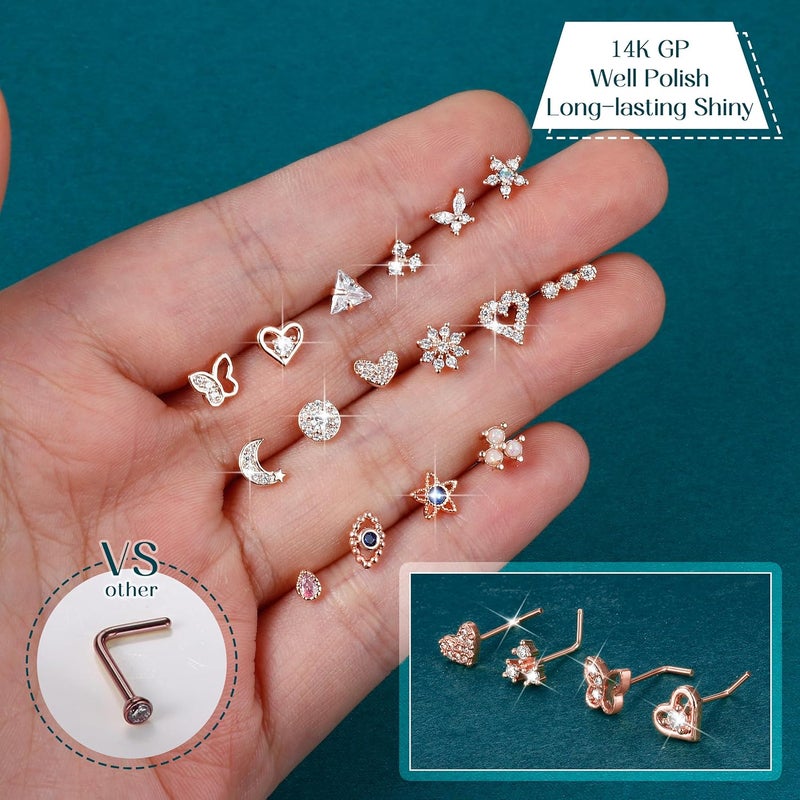 Yadoca Gold Nose Rings Studs for Women - 20G Surgical Steel Nose Ring L Shaped Nose Piercing Jewelry Hypoallergenic CZ Heart Nose Studs Silver Rose Gold 16Pcs - Image 3